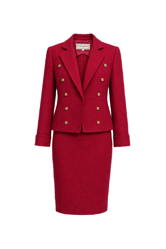 1980s Deep Red Wool Blend Skirt Suit - Front View
