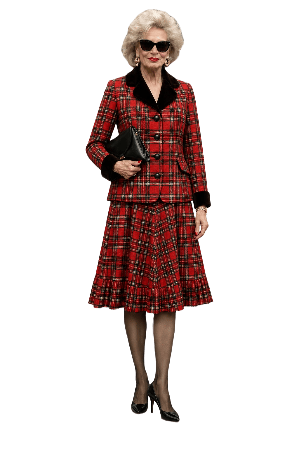 1980s Red Plaid Wool Blend Matching Set - Model
