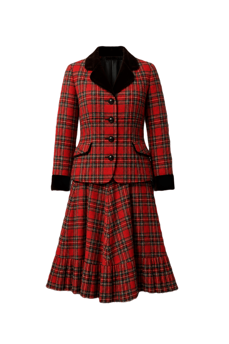 1980s Red Plaid Wool Blend Matching Set - Front View