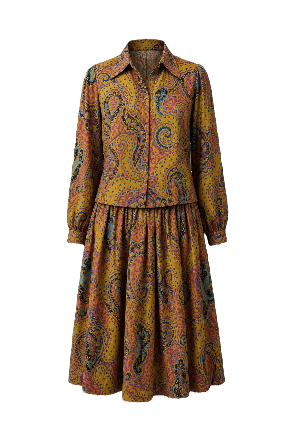 1970s Mustard Yellow Cotton Blend Blouse and Skirt Set - Model