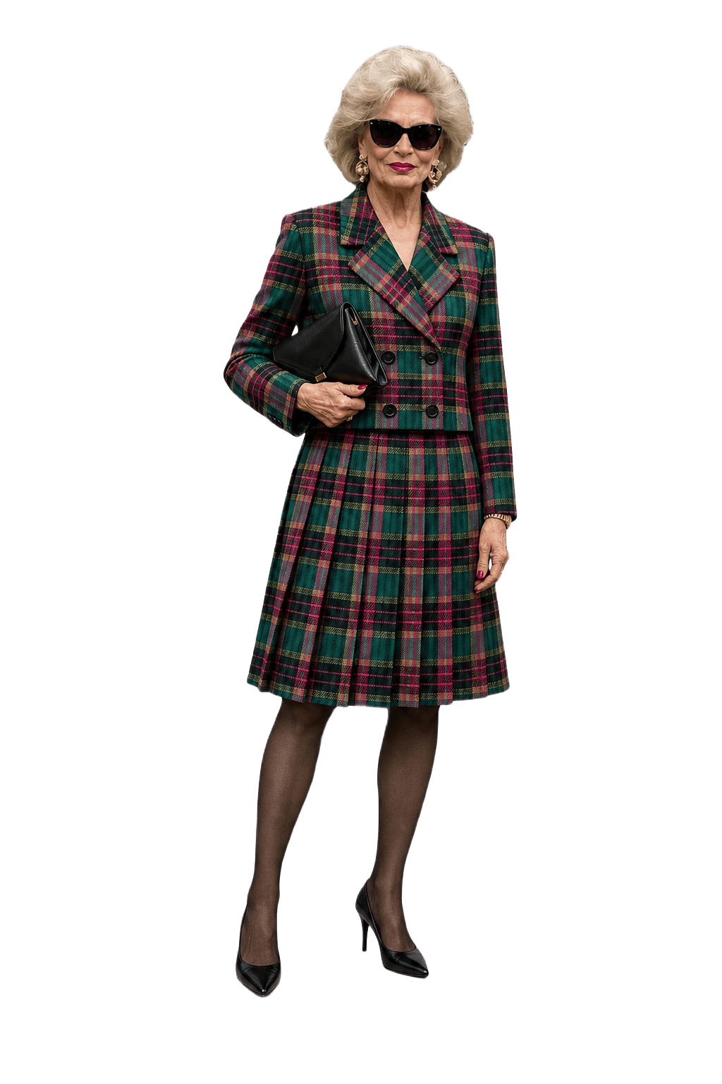 1980s Green and Pink Plaid Wool Blazer and Skirt Set - Model