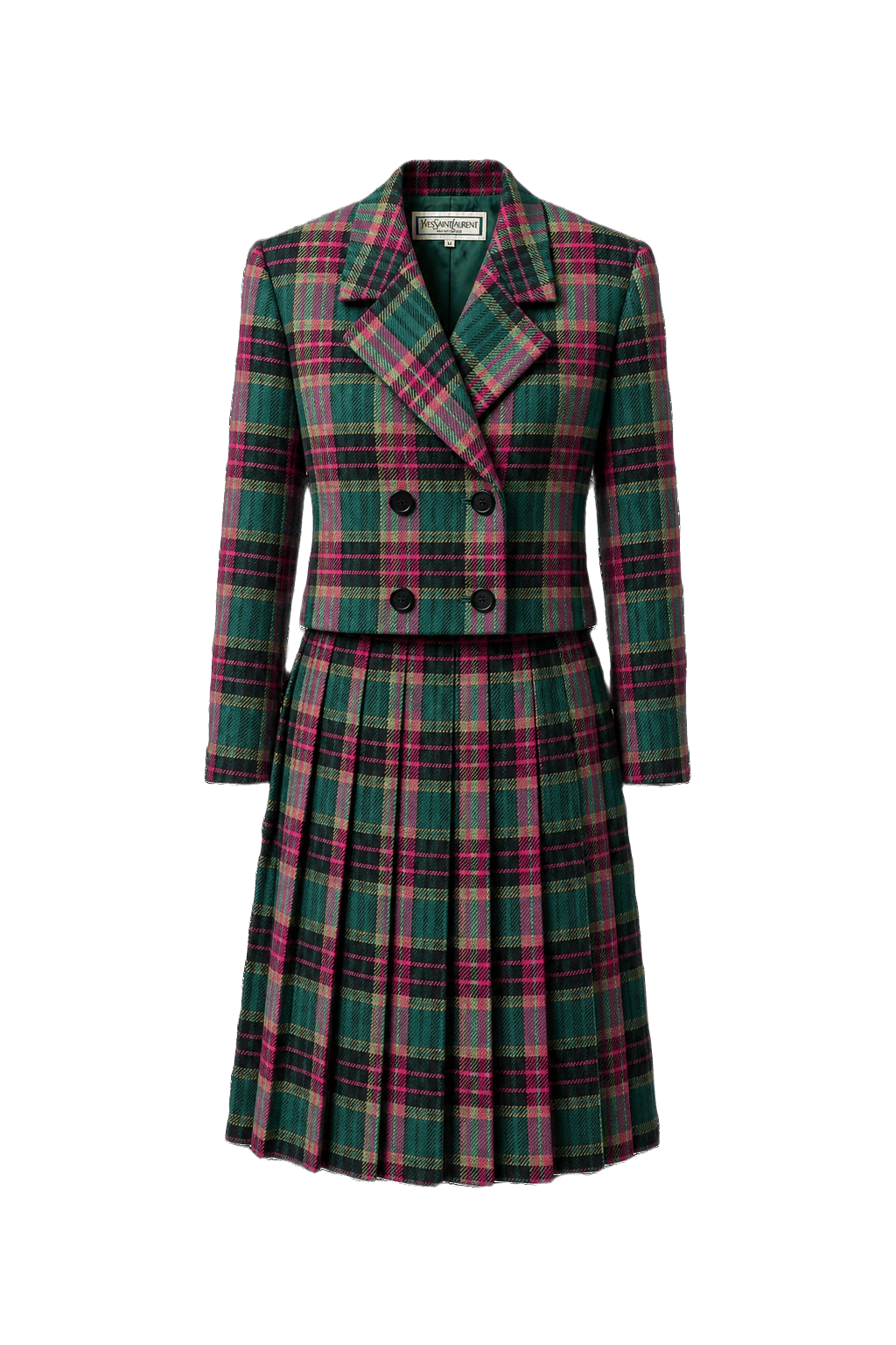 1980s Green and Pink Plaid Wool Blazer and Skirt Set - Front View