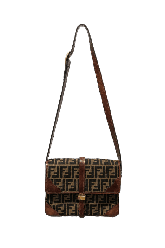 1990s Brown Fabric Fendi Shoulder Bag - Front View