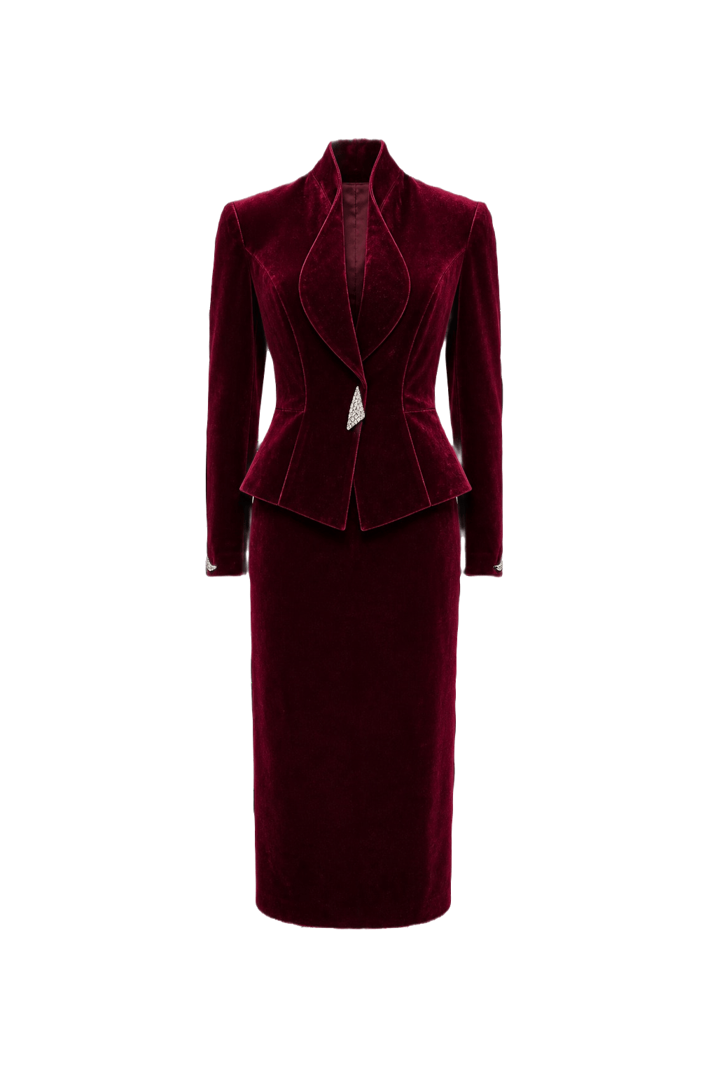 1980s Deep Burgundy Velvet Skirt Suit - Front View