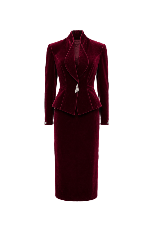 1980s Deep Burgundy Velvet Skirt Suit - Front View