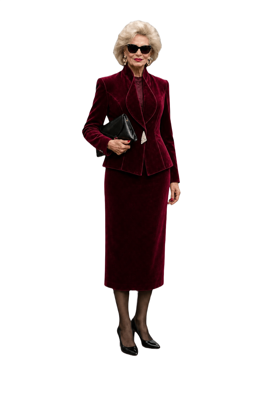 1980s Deep Burgundy Velvet Skirt Suit - Model