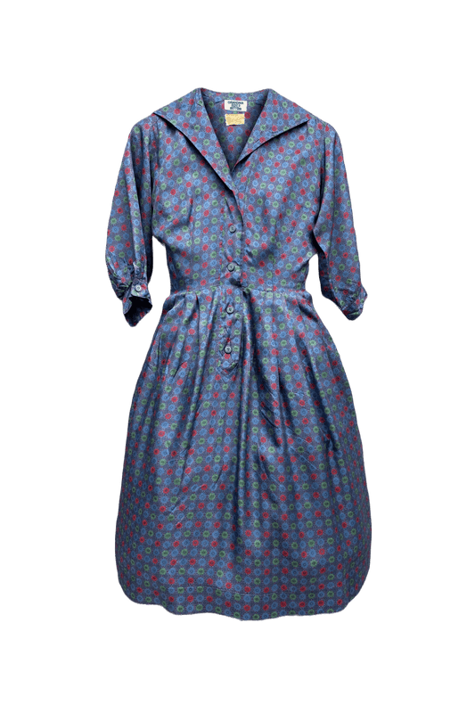 1950s Blue Cotton Dress - Front View