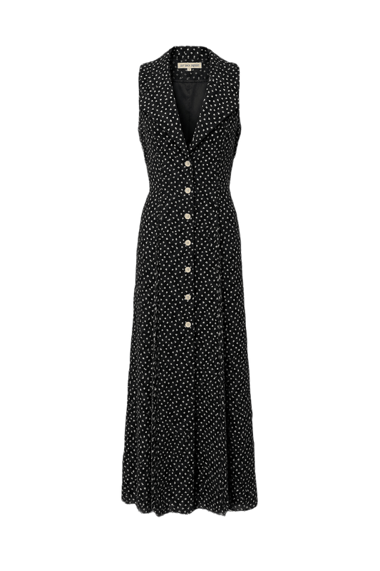 1990s Black White Polyester Midi Dress - Front View