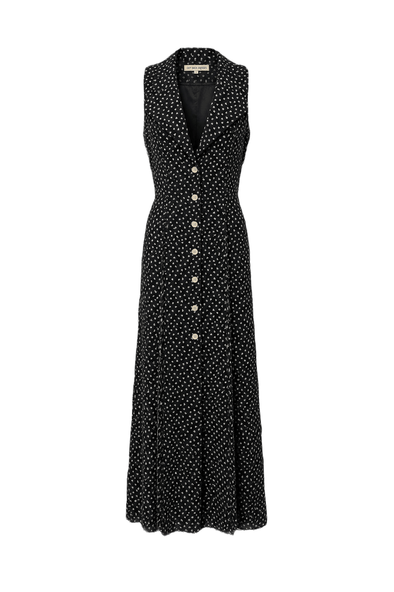 1990s Black White Polyester Midi Dress - Front View