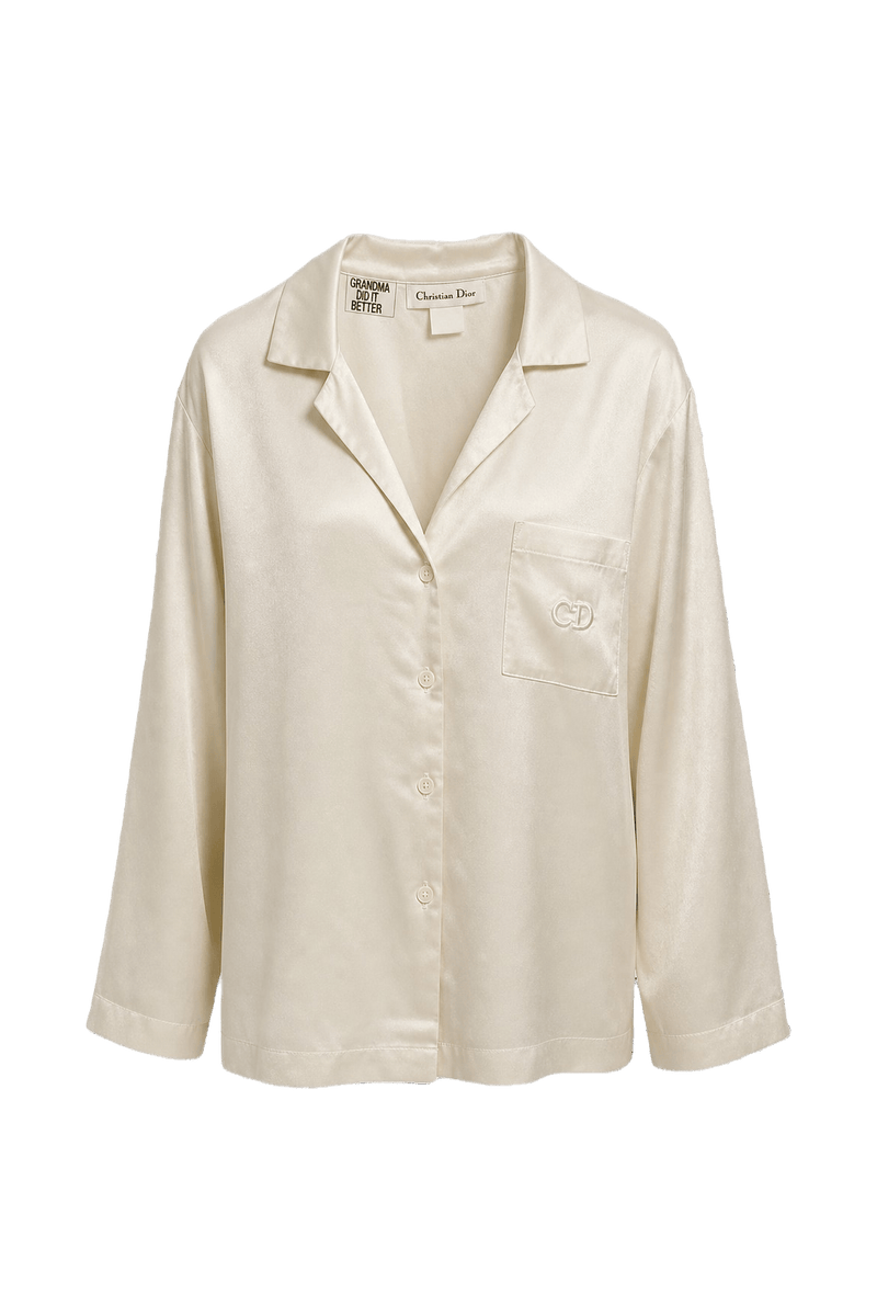 1980s Ivory Silk Button-Down Shirt - Front View