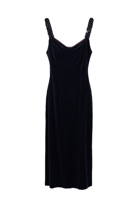 1990s Dark Navy Velvet Dress - Front View