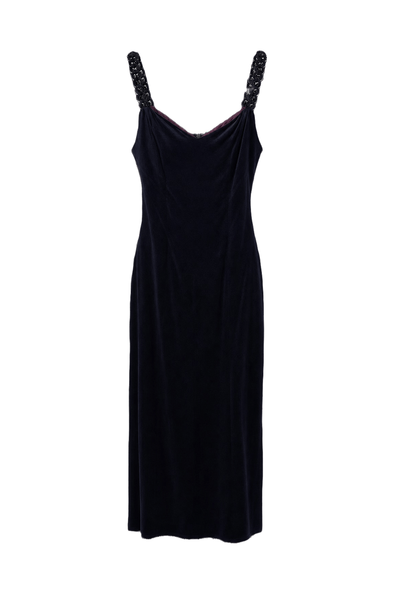 1990s Dark Navy Velvet Dress - Front View