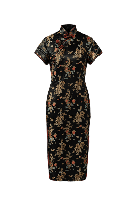 1970s Black Silk Cheongsam - Front View