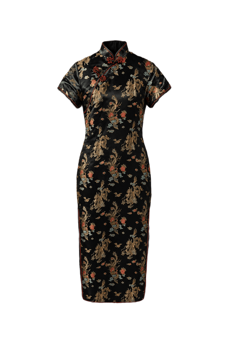 1970s Black Silk Cheongsam - Front View