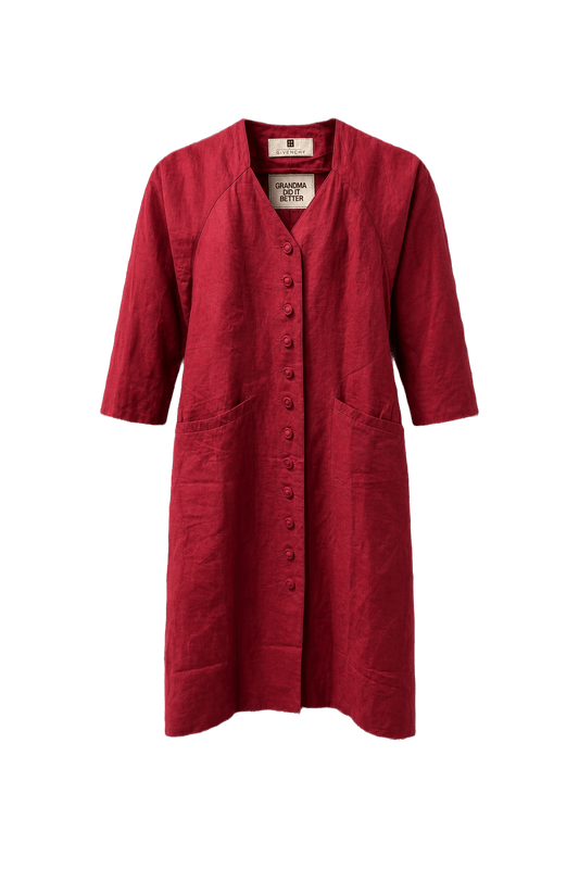 1980s Deep Cherry Red Linen Dress - Front View