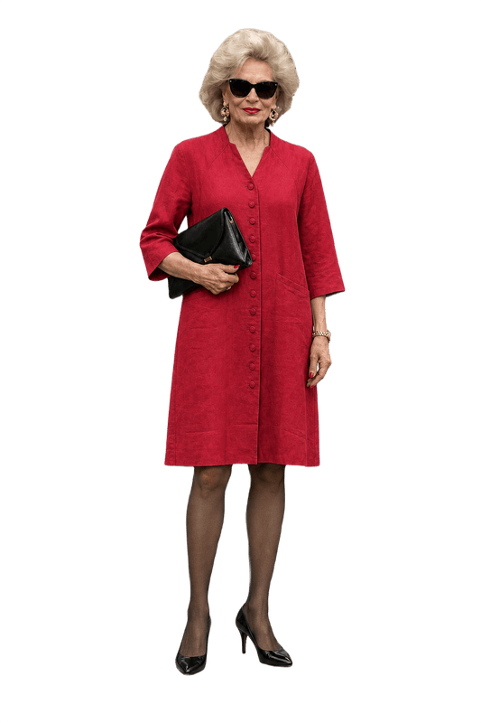 1980s Deep Cherry Red Linen Dress - Model