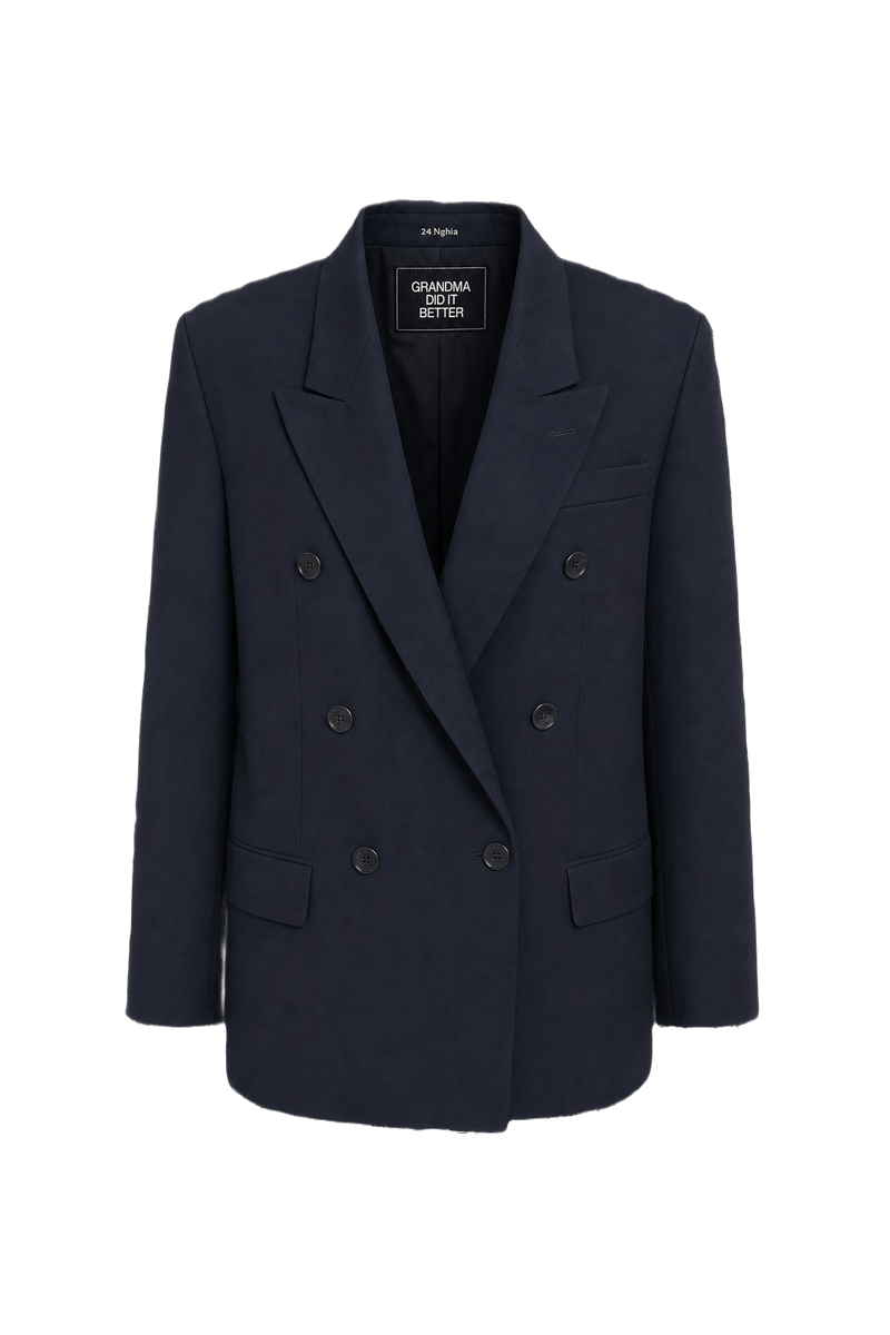 1990s Navy Blue Wool Blend Blazer - Front View