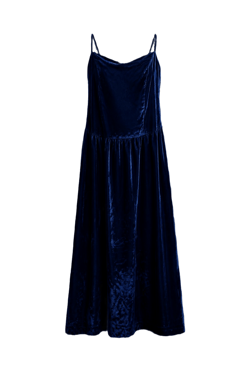 1980s Deep Blue Velvet Dress - Front View