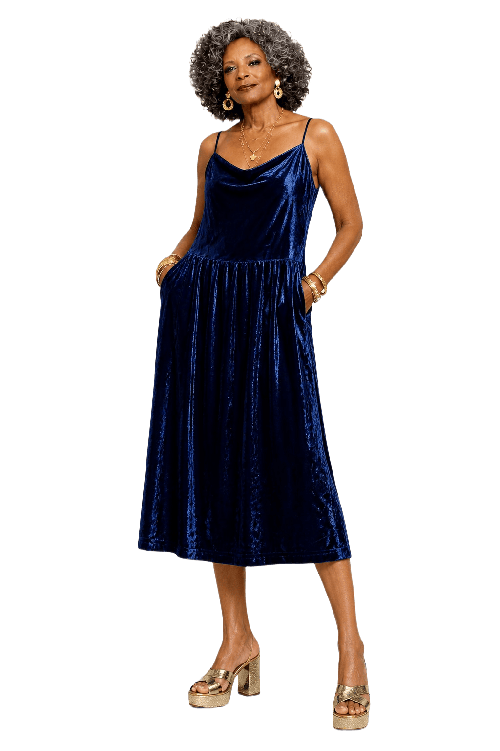1980s Deep Blue Velvet Dress - Model