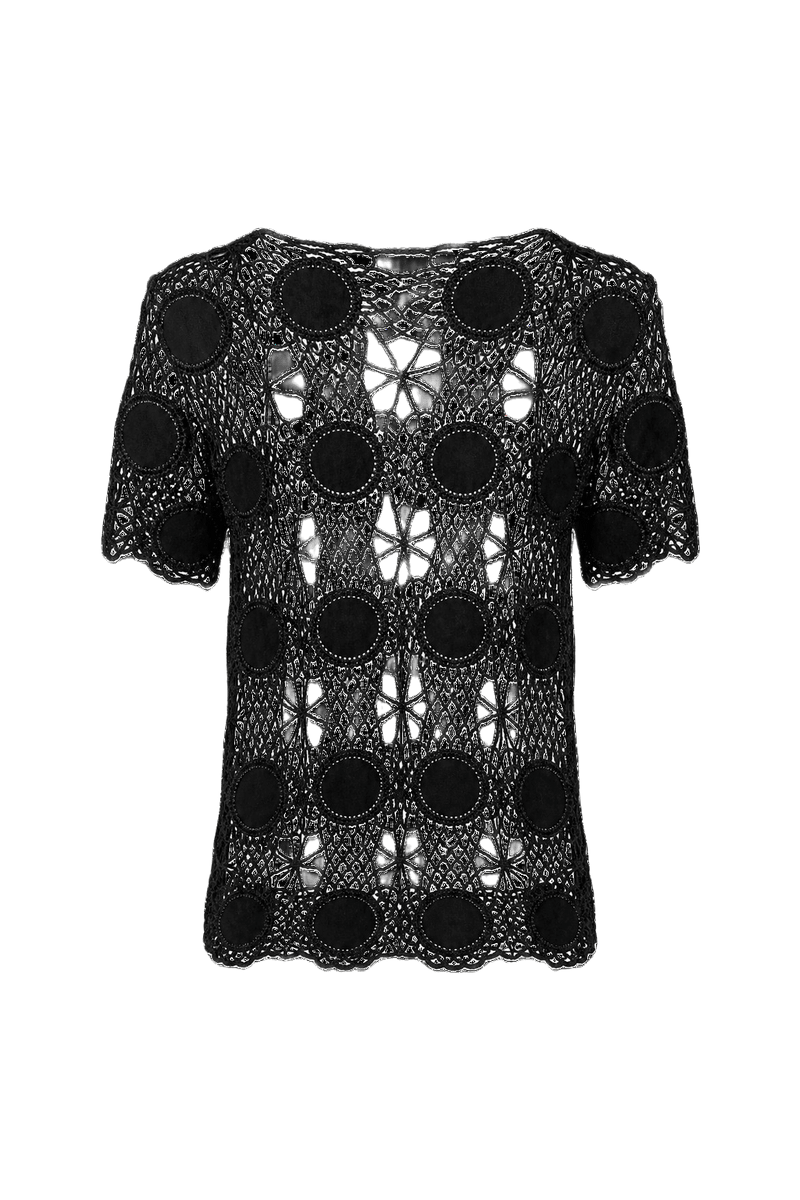 1970s Black Cotton Crochet Top - Front View