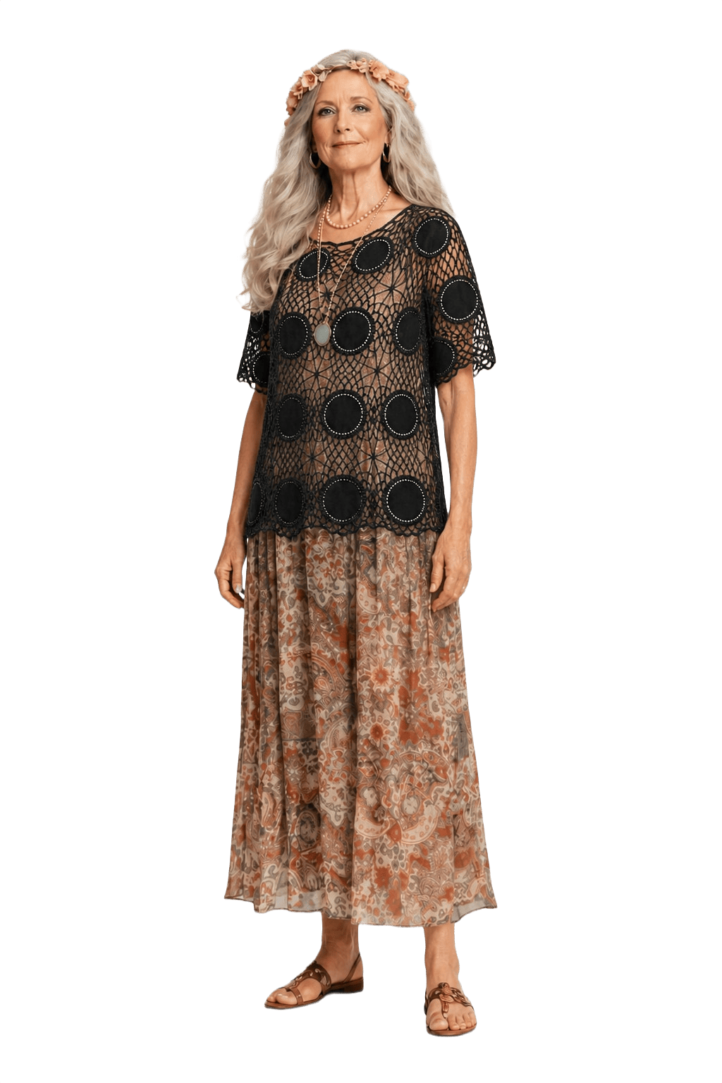 1970s Black Cotton Crochet Top - Model
