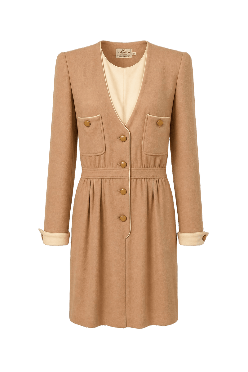 1980s Camel Wool Blend Dress - Front View