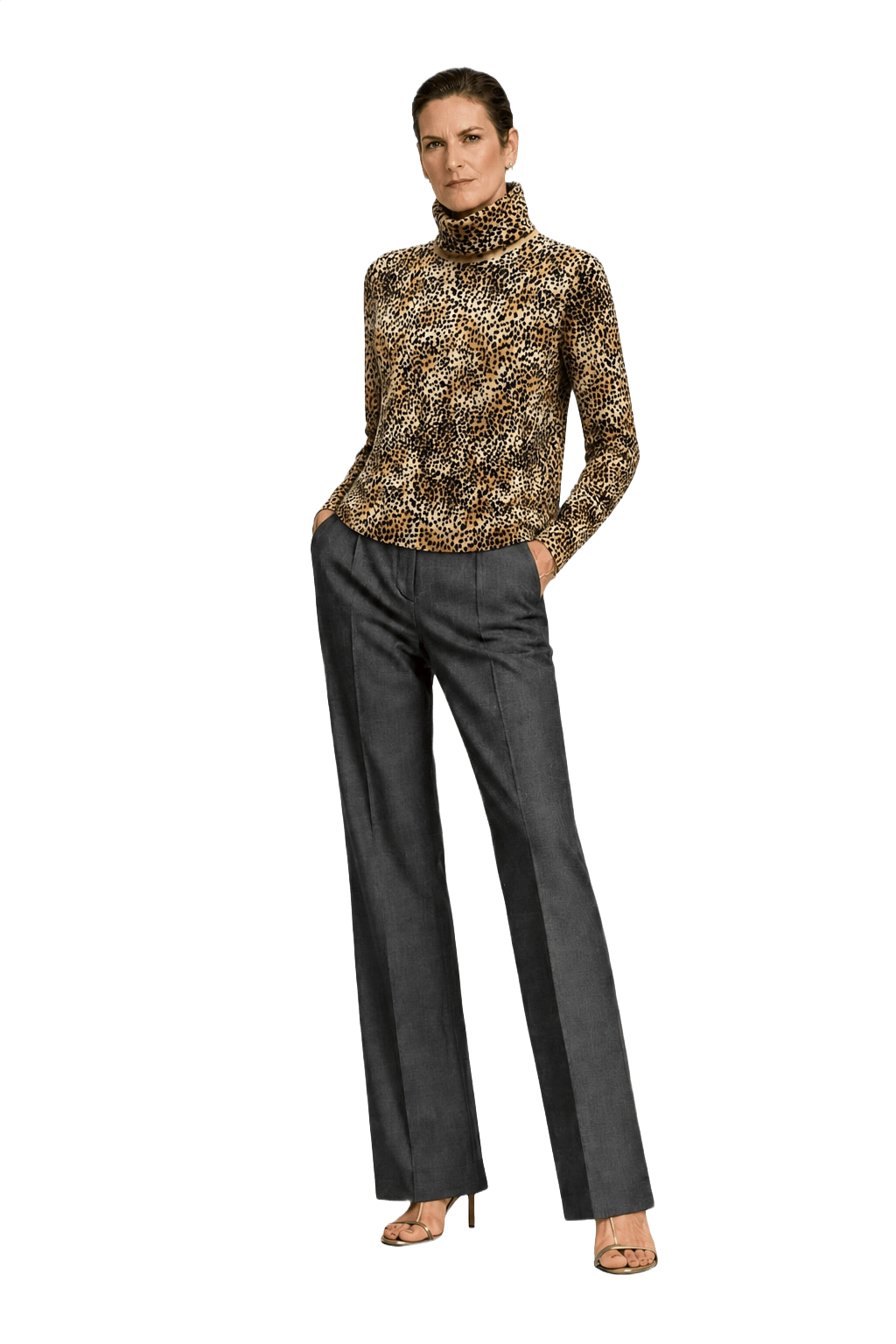1990s Leopard Print Synthetic Blend Turtleneck - Model