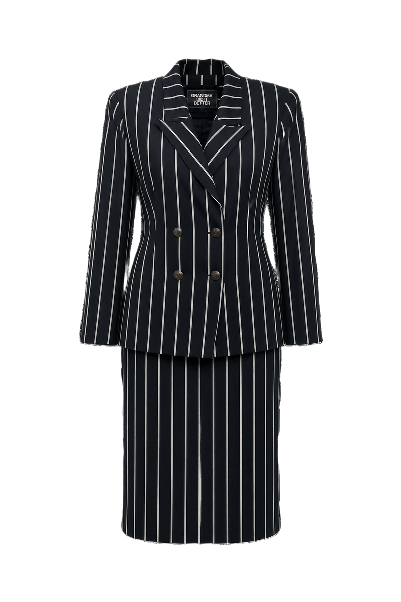 1990s Black and White Synthetic Blend Skirt Suit - Front View
