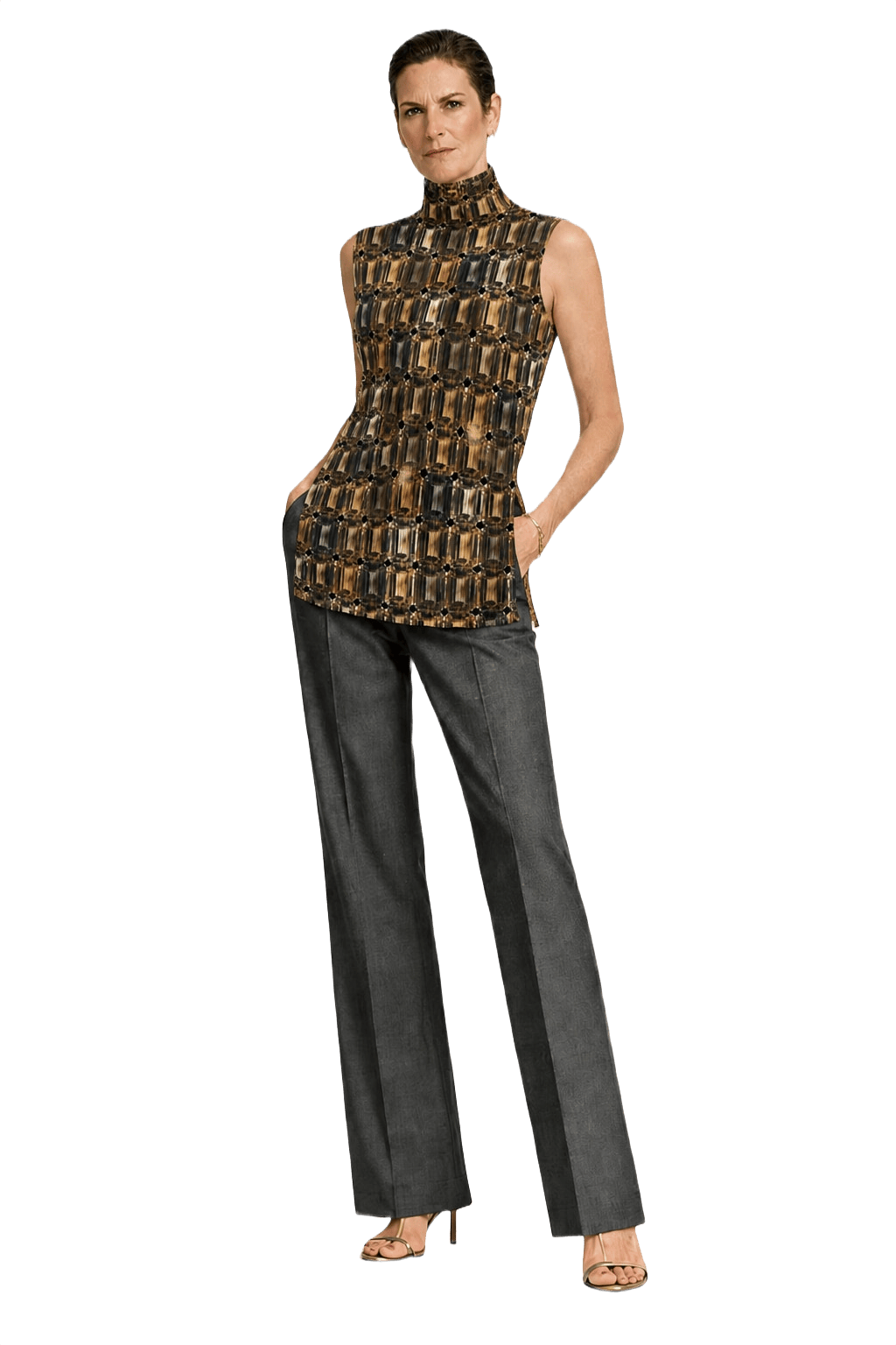 1990s Brown Synthetic Blend Sleeveless Top - Model