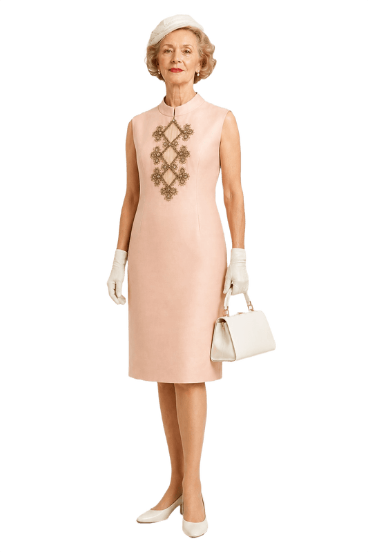 1950s Peach Silk Shift Dress - Model