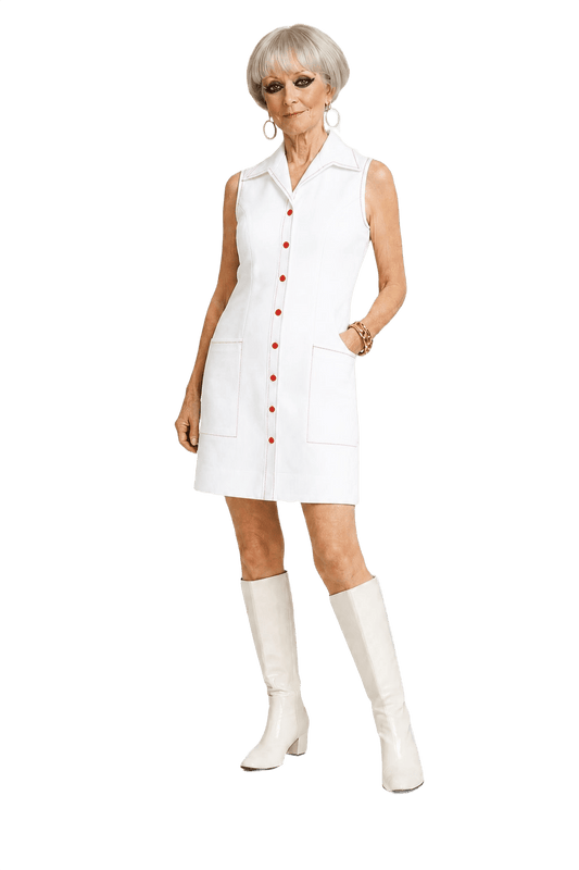 1960s White Cotton Blend Shift Dress - Model