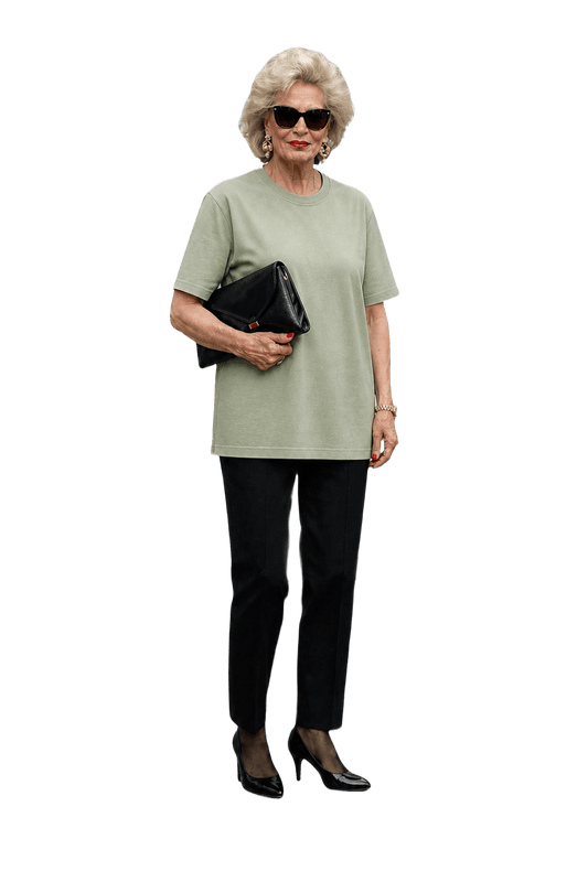 A light green cotton t-shirt featuring a classic crew neck and short sleeves. Th - Model