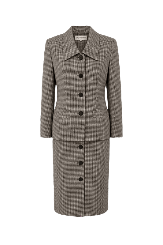 1980s Black and White Houndstooth Skirt Suit - Front View