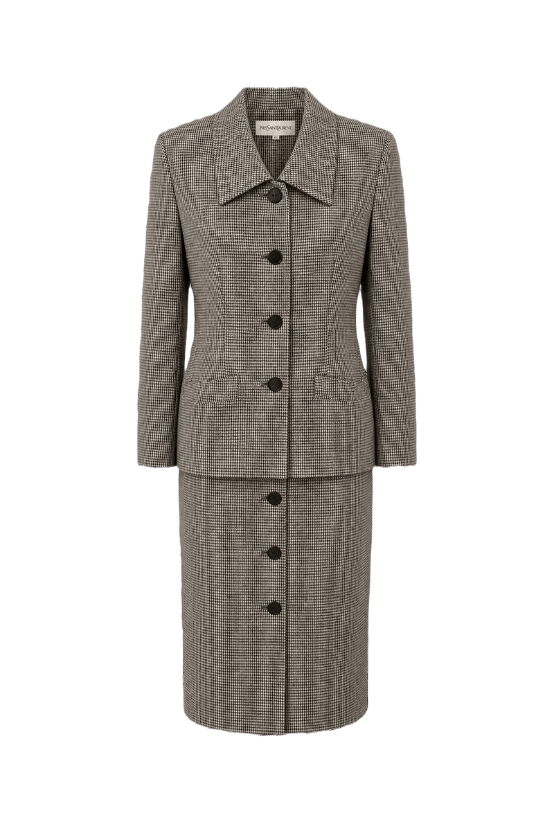 1980s Black and White Houndstooth Skirt Suit - Front View