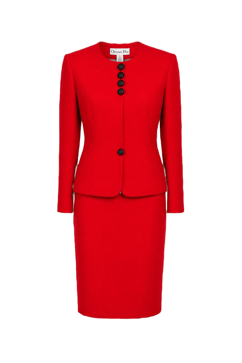 1980s Bright Red Wool Skirt Suit - Front View