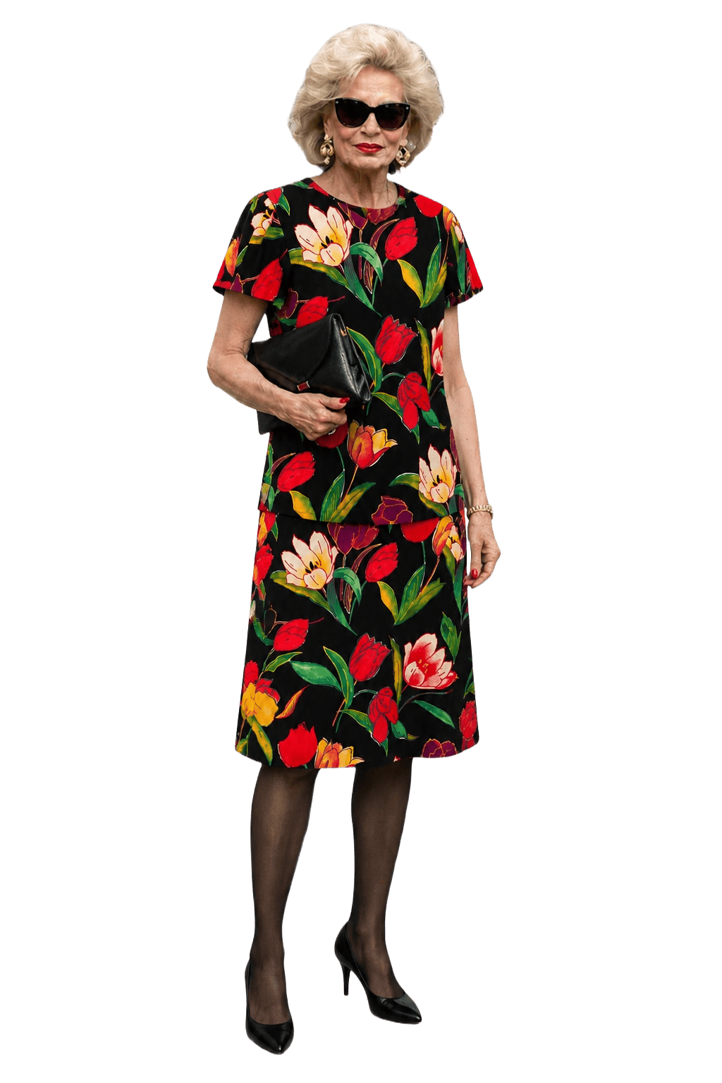 1980s Black Floral Cotton Blend Blouse and Skirt Set - Model
