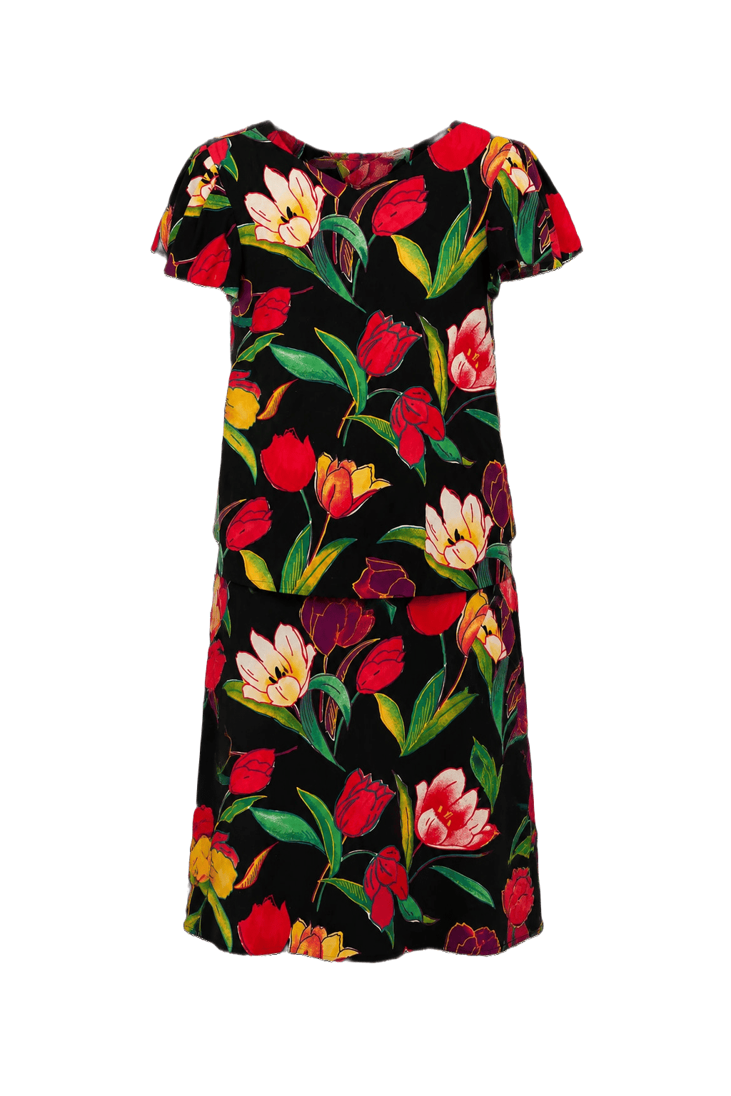 1980s Black Floral Cotton Blend Blouse and Skirt Set - Front View