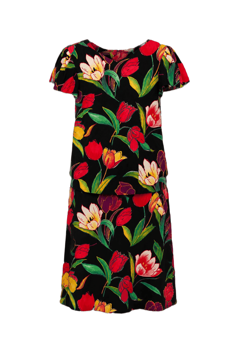 1980s Black Floral Cotton Blend Blouse and Skirt Set - Front View