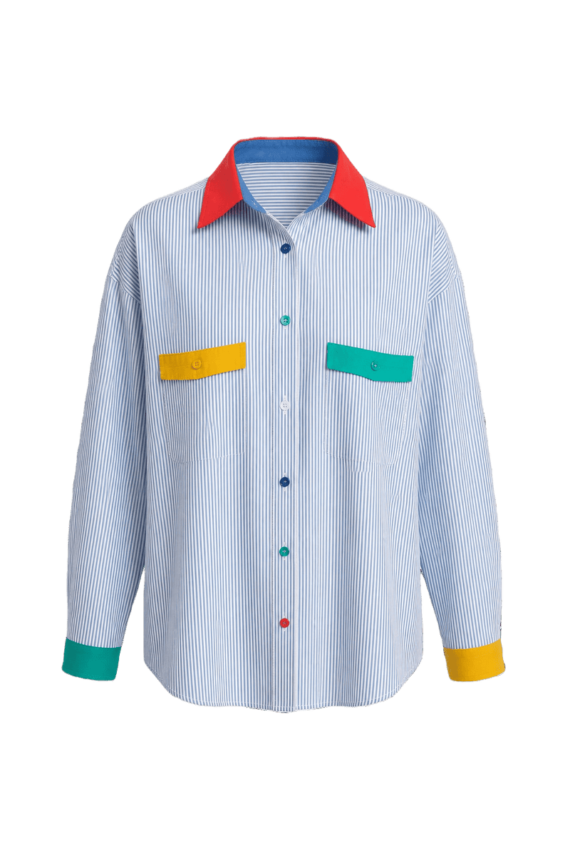 1980s Striped Blue Cotton Blend Shirt - Front View