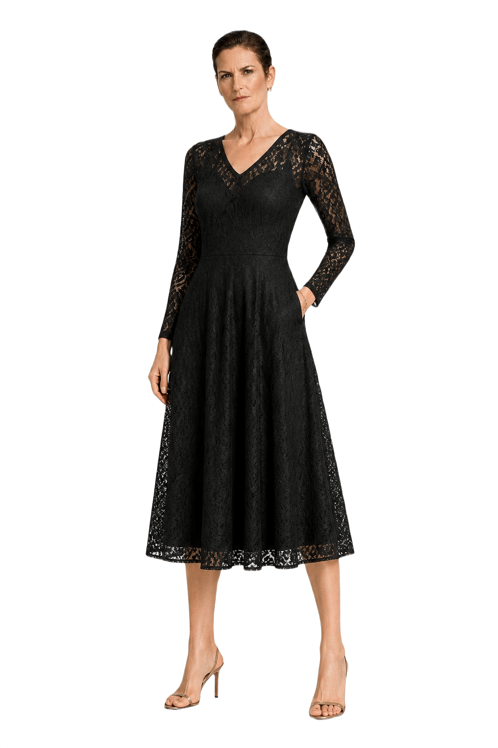 1990s Black Lace Midi Dress - Model