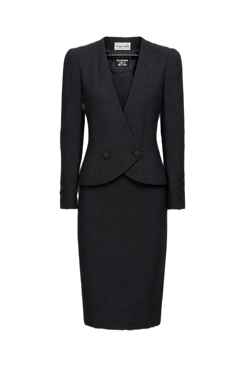 1980s Black Synthetic Blend Blazer and Skirt Set - Front View