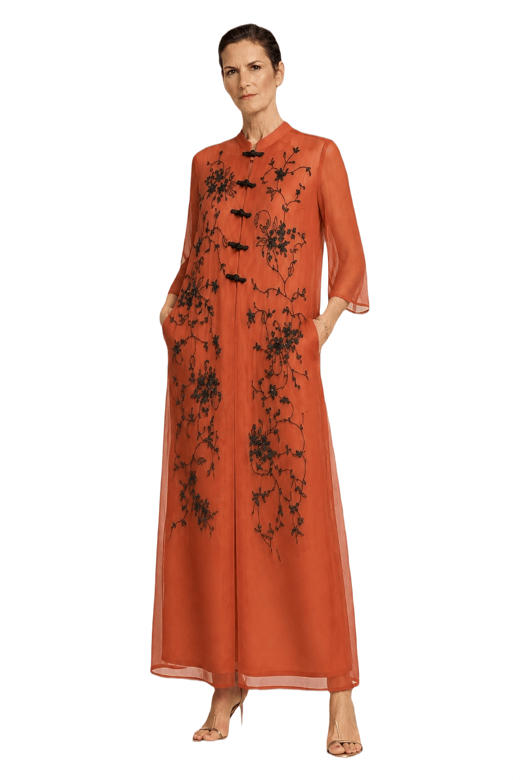 1990s Brown Synthetic Blend Maxi Dress - Model
