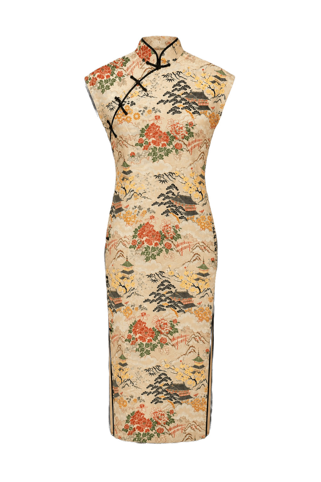 1970s Beige Silk Cheongsam - Front View