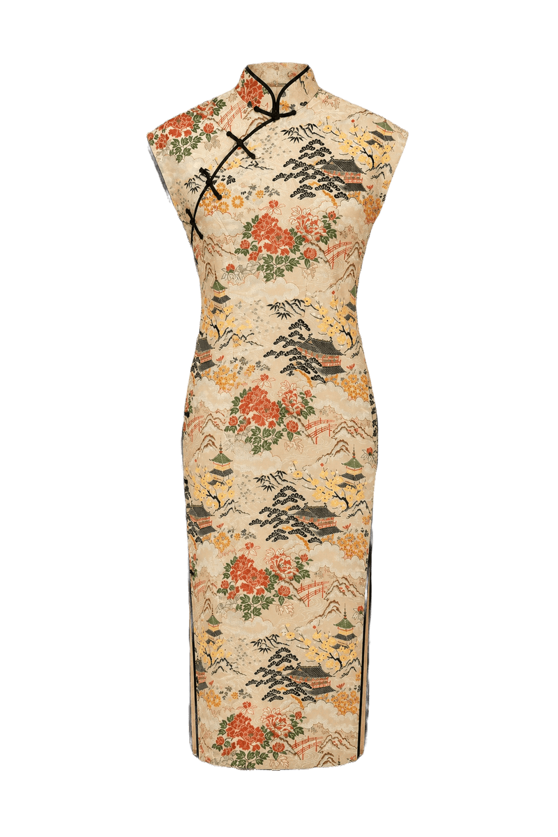 1970s Beige Silk Cheongsam - Front View