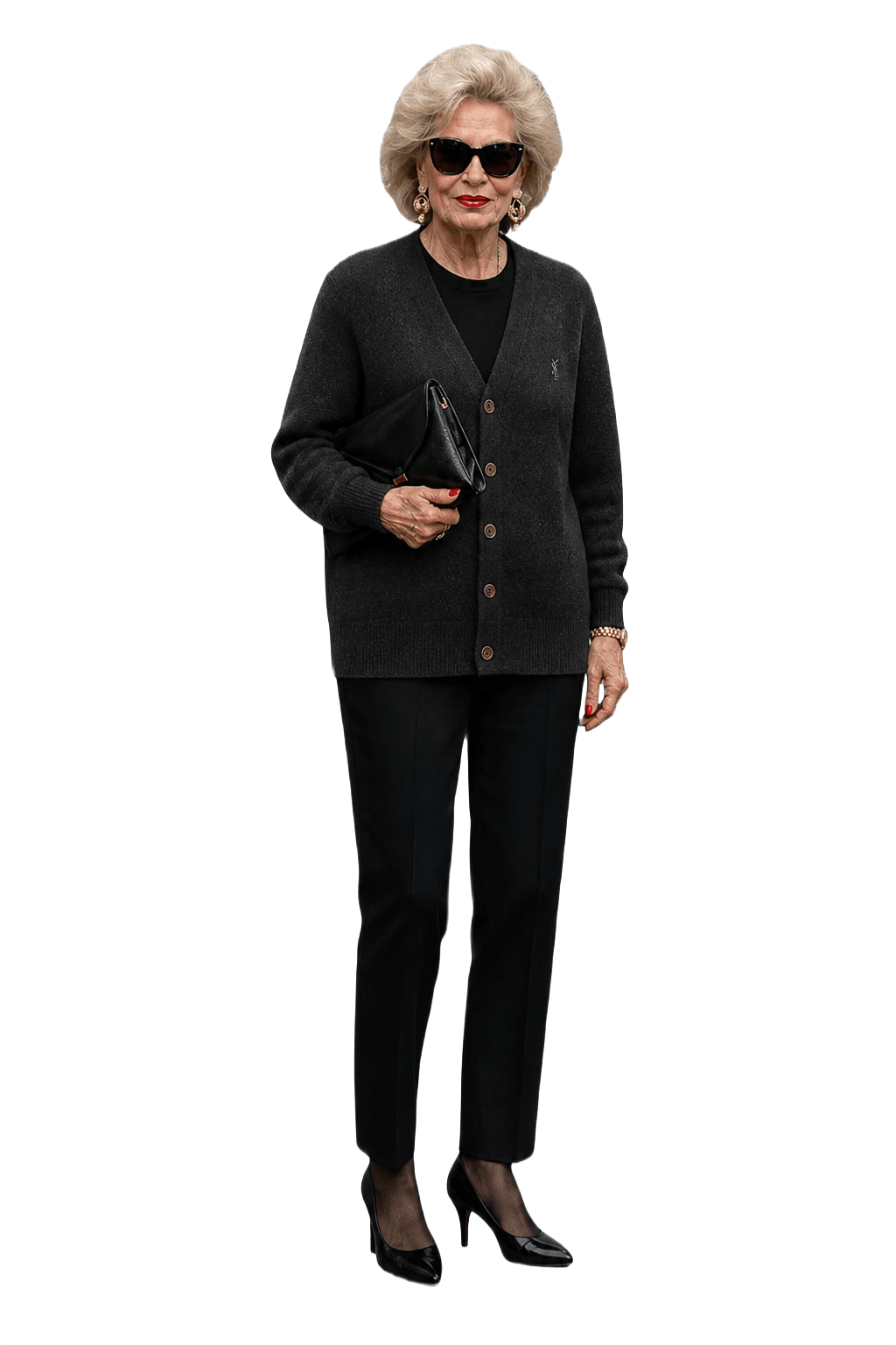 1980s Dark Charcoal Grey Wool Blend Cardigan - Model