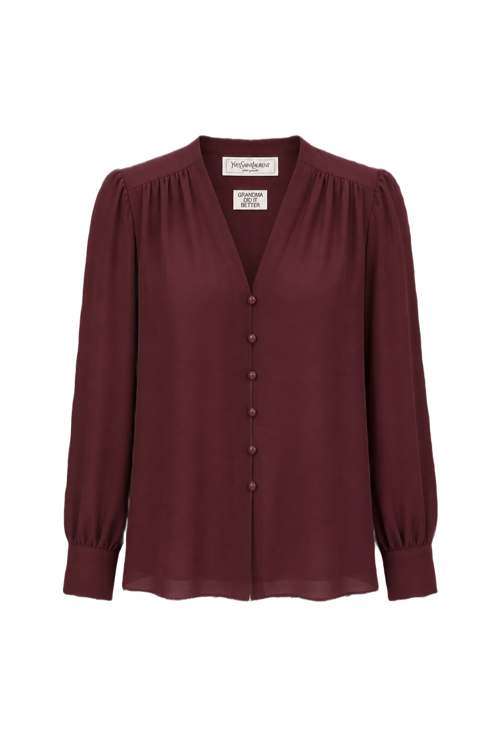 1980s Burgundy Polyester Blouse - Front View