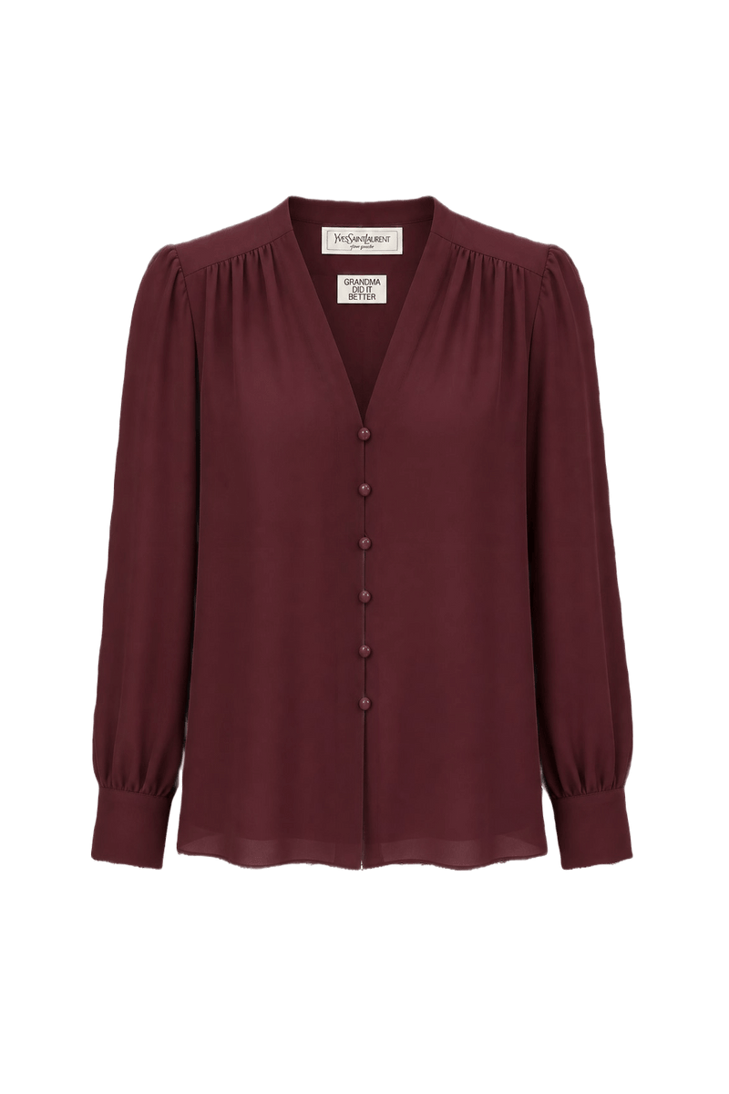 1980s Burgundy Polyester Blouse - Front View