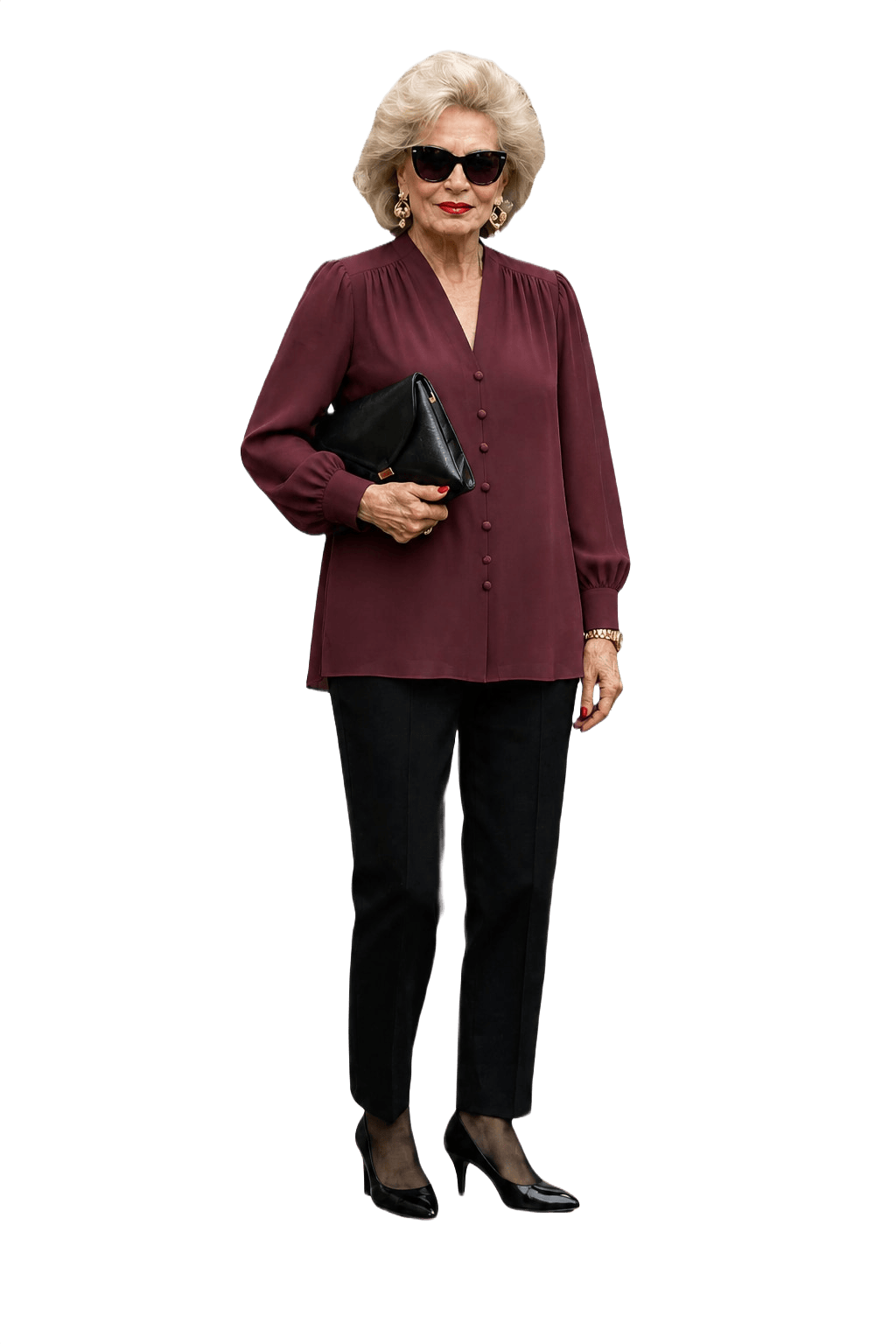 1980s Burgundy Polyester Blouse - Model
