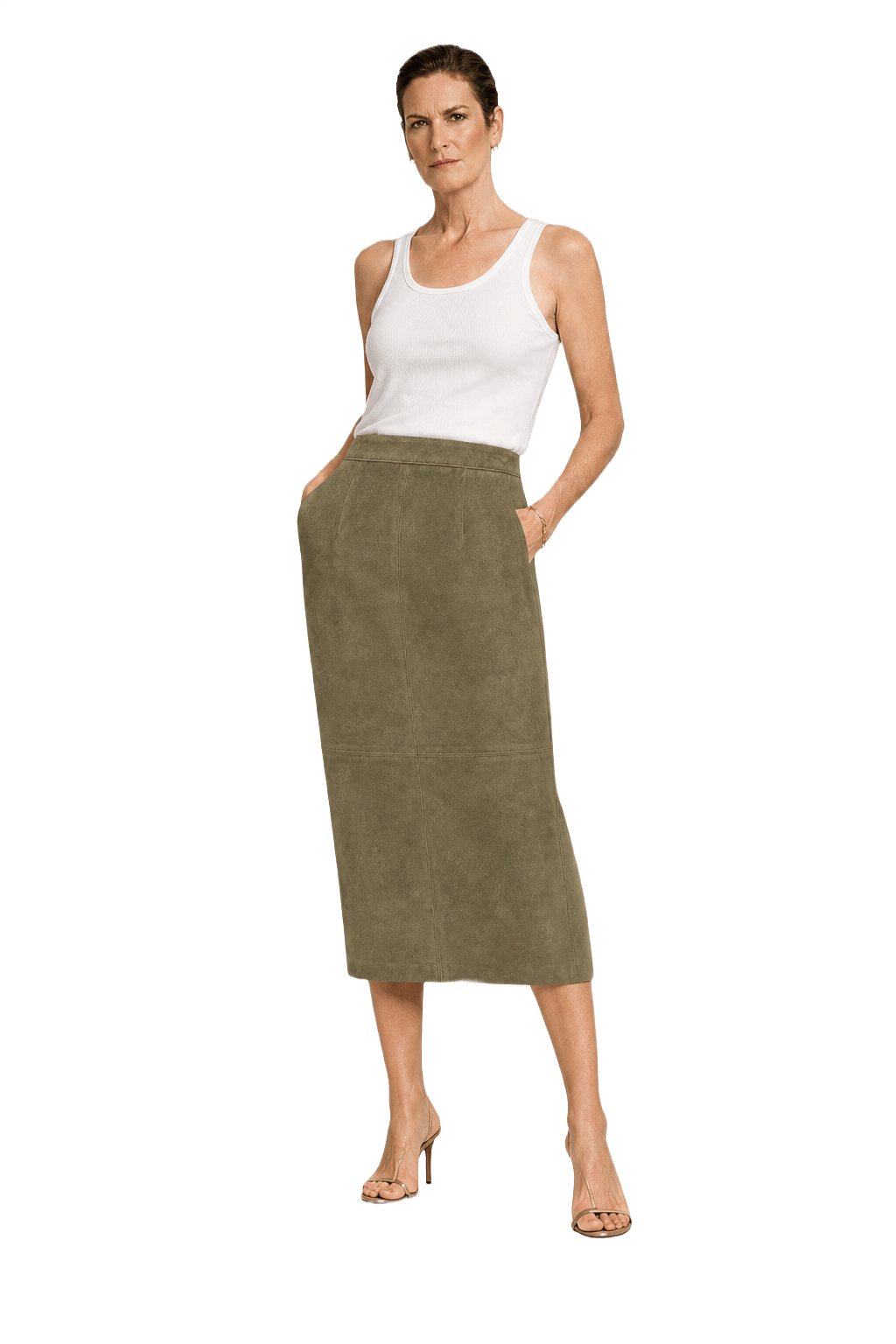 1990s Olive Green Suede Midi Skirt - Model