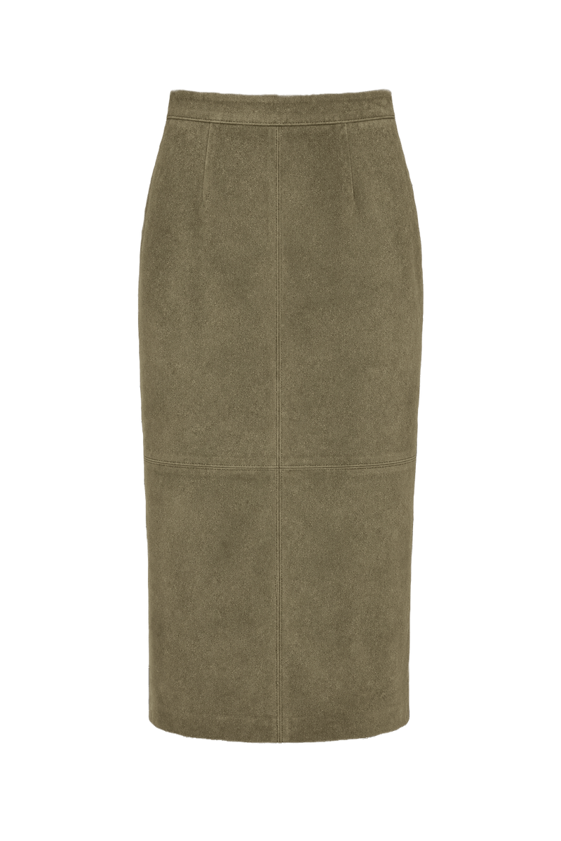 1990s Olive Green Suede Midi Skirt - Front View